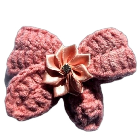 Hand Crafted Crochet Bow Hair Clip Pale Pink Alligator Clip Silk Ribbon Flower - Picture 3 of 17